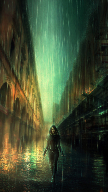 a woman in walking in the rain down a street